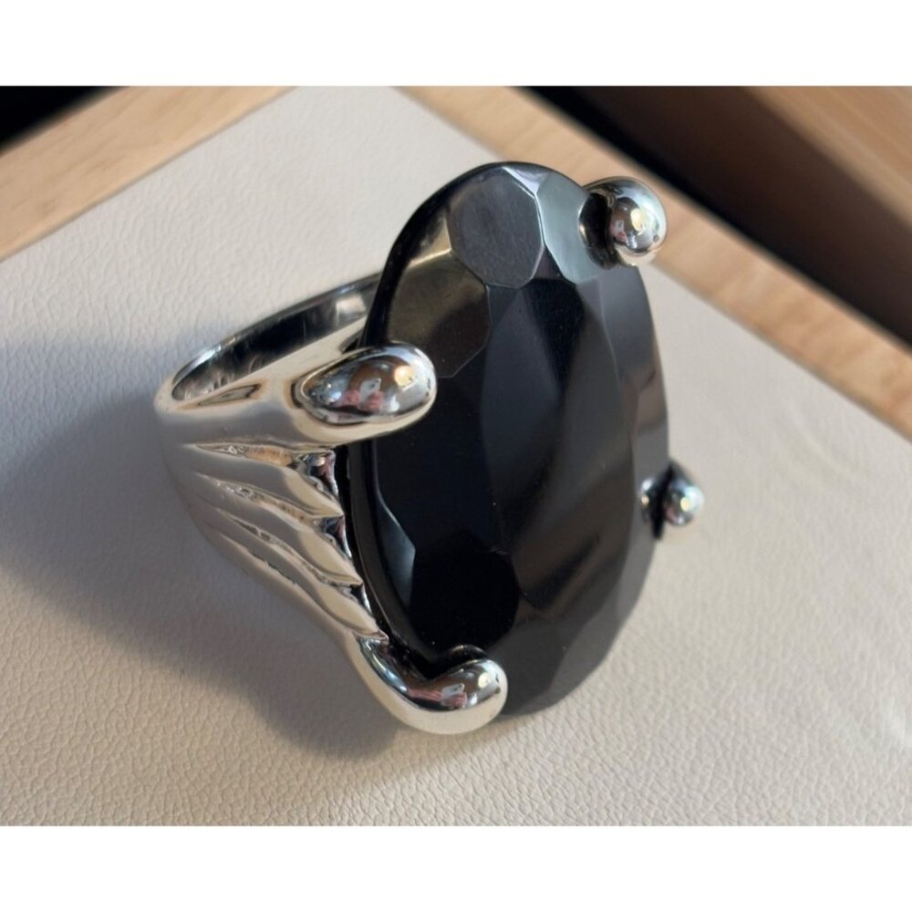 Camille Lucie Large Bold Black Lucite Silver Tone Statement Fashion Ring